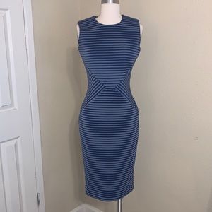 CALVIN KLIEN BLUE STRIPE SLEEVELESS MIDI CAREER DRESS